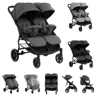 Produktbild von Kikkaboo Zwillingskinderwagen Happy 2, faltbar, Regenschutz, Fußsack, gefedert grau gemustert