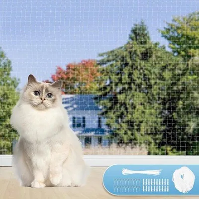 Produktbild von Transparentes Balkonkatzenetz - 4 × 3 m - Maß 25 × 25 cm - Katzenbeschutznetz mit Zubehör - Für Fenster, Terrasse, Innen und Außen