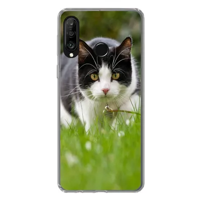 Produktbild von MuchoWow® Handyhülle Schutzhülle Hülle für Huawei P30 Lite Katze - Gras - Schwarz - Weiß - Mädchen - Kinder - Jungen - Kinder Silikon Softcase Handy Hülle - Handyhülle