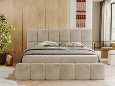 Produktbild von MKS MEBLE Boxspringbett, Doppelbett NIRA mit dekorativem Kopfteil, Multipocket-Matratze und Topper, Polsterbett mit Bettkästen - 180 x 200 cm - H3 - Creme Plüsch