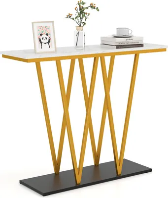 Produktbild von Konsolentisch mit Faux-Marmor-Tischplatte, 100 cm Extra Langes  Eingangstisch mit schwerem Metallgestell, Sofatisch hinter dem Sofa, Weiß + Gold