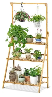 Immagine prodotto di Portavasi in bambù - Scaffale a gradini per fiori - Pieghevole - Con barra per appendere - Per balcone/terrazza - Richiede montaggio - Legno naturale