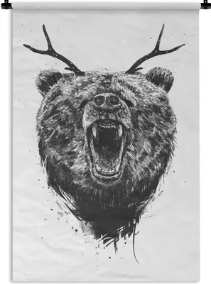 Produktbild von MuchoWow® Wandteppich Wandbehang Bär - Geweih - Tiere - Illustration 60x90 cm Tapisserie Dekoration Wandtuch - Foto-Teppich - Abwaschbar