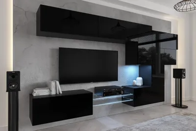 Produktbild von Furnitech Wohnwand Wohnzimmer - Wohnzimmer Möbel mit LED Weiß - Hängend Wohnwand Modern - Regale und TV Schrank (AN92NEW-21B-HG1)