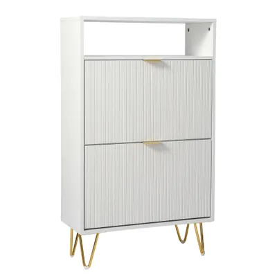 Produktbild von HomeMiYN schuhschrank schmal holz, Schuhschrank weiß mit Klapptüren, schmale Schuhkommode für Flur, Schuhaufbewahrung, 60x26x101 cm