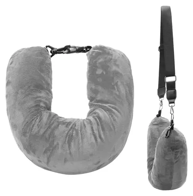 Image de Coussin cervical gonflable, 80 x 18,5 cm, gris. Coussin de voyage pour train, voiture, bureau, camping