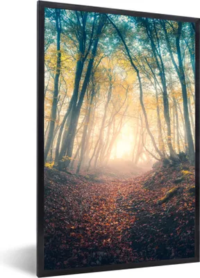 Produktbild von MuchoWow® Gerahmtes Poster Wald - Nebel - Sonne - Herbst 60x90 cm - Poster mit Schwarzem Bilderrahmen Wandposter Rahmen Foto Bilder - Kunst