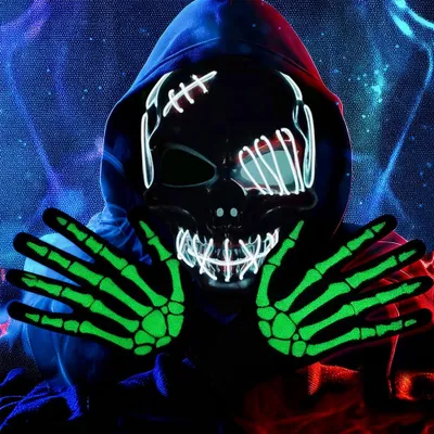 LED-Maske mit Handschuhen für Halloween, weiß, leuchtend, Cosplay