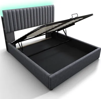 Produktbild von Flieks Polsterbett 140x200cm mit USB und Typ C, Stauraumbett Boxspringbett mit LED, Jugendbett Doppelbett mit Lattenrost, Funktionsbett, Leinen, Grau