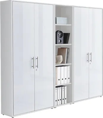 Produktbild von Aktenschrank TABOR 10 in weiß / weiß Hochglanz, Schrankwand, Büroschrank, abschließbar, Metallgriffe