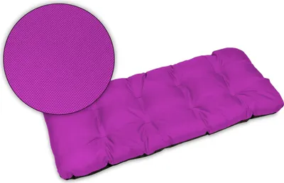 A purple tufted cushion is shown on a white background, with a close-up inset of the fabric texture.