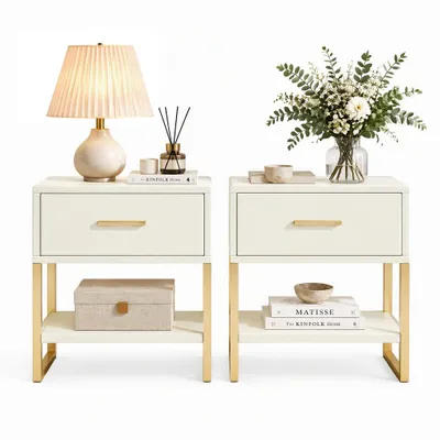 Productafbeelding van INONEFT Nachtkastje, set van 2, nachtkastje met lades en open opbergruimte, bijzettafeltje, 40x31x50cm, fluweel, beige