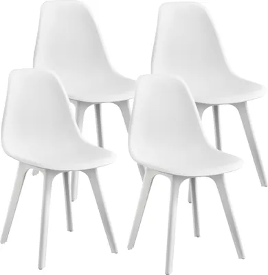 Four white modern dining chairs are arranged in a studio setting against a white background.