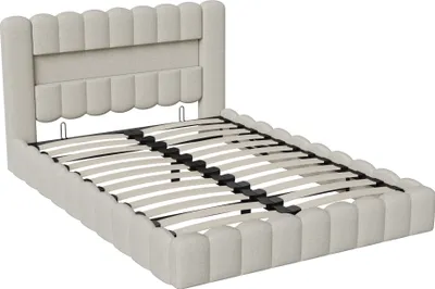 Produktbild von ProximaX Polsterbett 160x200cm mit USB, Jugendbett Doppelbett mit Lattenrost und Stauraum, Stauraumbett mit LED, Leinen, Beige