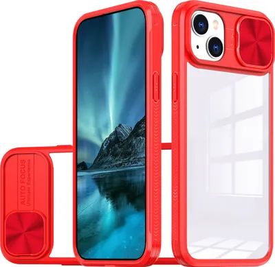 Produktbild von Hülle für iPhone 15 Plus Transparent TPU Bumper Schutzhülle mit Schiebe Kamera Schutz Rot