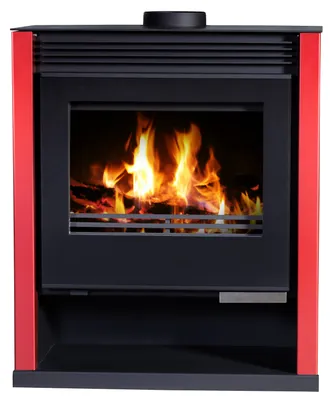 A front view of a red and black wood-burning stove with a fire burning inside.