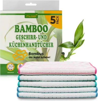 Produktbild von MUXEL Bambus Tücher - 5x Bambus Geschirrtücher - Extra saugfähiges Putztuch - Weiche Bambuslappen zum Polieren, Abtrocknen & Wischen - Nachhaltige Bambus Allzwecktücher