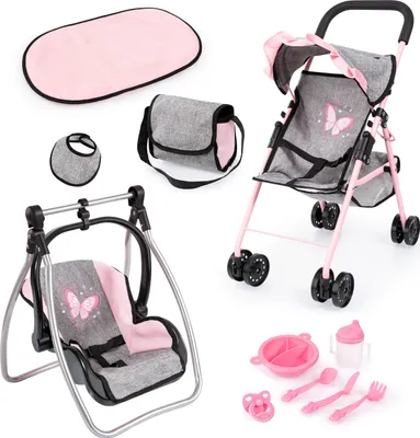 Produktbild von Bayer Design 21533AC Faltbarer Puppenbuggy mit Dach, Doppelräder, Tasche, Wickelunterlage, Wiege, Zubehör