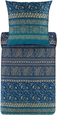 A folded duvet cover and pillowcase set with a paisley and floral pattern.