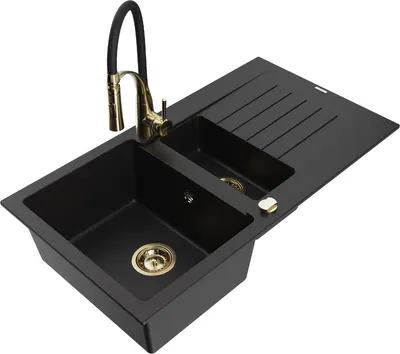 Produktbild von Mexen Matias 1,5-Becken-Granitspüle mit Abtropffläche und Mischbatterie Aster, Schwarz - 6502-77-73450-57-G