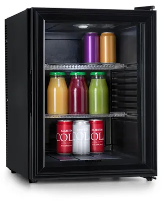 Obrázok produktu pre Klarstein Chladnička, mini chladnička so sklenenými dverami, 42 litrov, 12-18°C, mini chladnička na nápoje, občerstvenie a kozmetiku, malá a tichá chladnička, nastaviteľné police, malá chladnička na prípravky pre starostlivosť o pleť