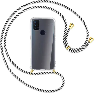 Produktbild von Handykette Backcover-Schutzhülle mit Band (Metall goldfarben) für OnePlus Nord N10 5G - schwarz/weiß gestreift