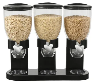 Produktbild von Dreifach-Müsli- und Getreidespender - Tischmodell - 3 Behälter - Je 2 l Fassungsvermögen - Drehknöpfe - Transparent - Für Reis, Getreide und Bohnen