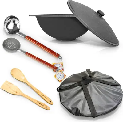 Produktbild von Gusseisen Kazan 6L mit Abdeckung Uzbekisch WOK Kasan Schaumlöffel Asia Plov Topf