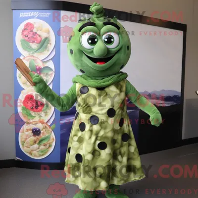 Produktbild von Maskottchenfigur REDBROKOLY einer Olivenpizza mit Wickelkleid und Haarnadeln