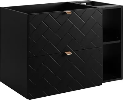 A black bathroom vanity cabinet with a herringbone pattern on the drawers and gold handles, shown against a white background.