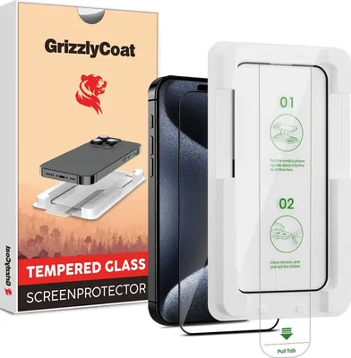 Produktbild von GrizzlyCoat AlignPro iPhone 15 Panzerglas Gehärtetes Glas Displayschutz - Hüllenfreundlich + Applikator - Schwarz