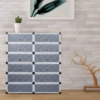 Image de Armoire à chaussures DIY, 12 compartiments en plastique rangement pour chaussures, armoire système d'étagères en plastique rangement pour chaussures - 95 * 37 * 107cm - noir