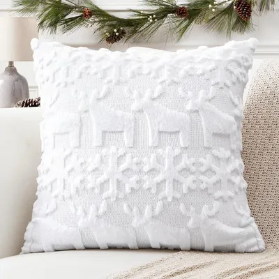 Image de Housse de coussin en laine, peluche, velours de laine, coussin décoratif, coussin de canapé, Noël, flocons de neige, renne, blanc, 40x40 cm, 1 pièce