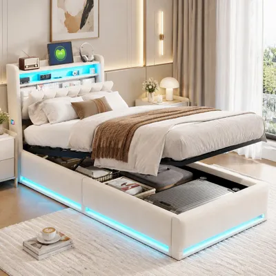 Obrázek produktu pro Dětská postel INONEFT, 90 x 200 cm, hydraulická postel s úložným prostorem a USB portem, postel pro dospělé, čalouněná postel s LED osvětlením a roštem, jednolůžko, samet, béžová barva