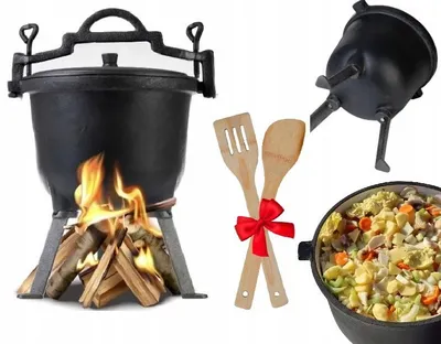 Zdjęcie produktu dla Kociołek żeliwny 8l garnek MYŚLIWSKI pieczonka na ognisko grill 2xGRATIS