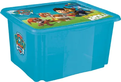 A blue plastic storage box with Paw Patrol characters on the lid and side.