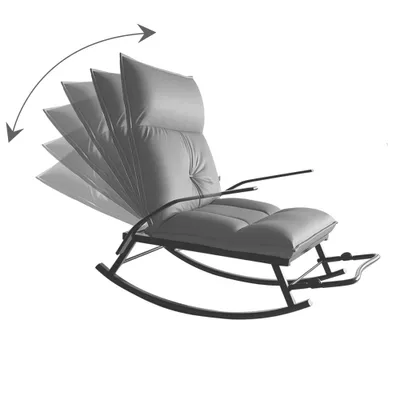 A gray rocking chair with multiple reclining positions shown with arrows indicating movement.