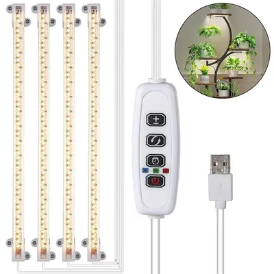 A set of four LED grow light bars with a controller and USB cable, shown against a white background. A small circular inset shows a plant stand with plants under grow lights.