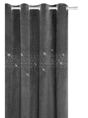 A close-up view of a gray velvet curtain with crystal embellishments.