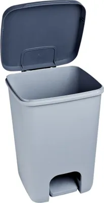 A light gray pedal trash can with its lid open, shown against a white background.
