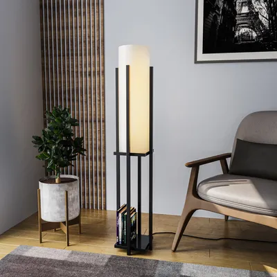 Produktbild von Opviq, Moderne Stehlampe mit Metallkörper, Schwarz, 130 cm hoch | Stoffschirm, Ø 20 cm, E27 Fassung, max. 40 W | Ideal für skandinavische Wohnräume, elegant und funktional.