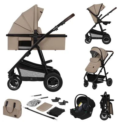A collage of a beige and black 3-in-1 stroller system and its accessories, including a bassinet, car seat, and diaper bag.