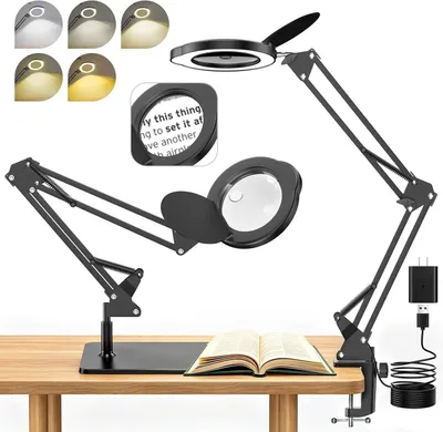Immagine prodotto di Lente d'ingrandimento con luce e supporto, ingrandimento 5x, corpo in metallo, colore nero, ideale per la lettura