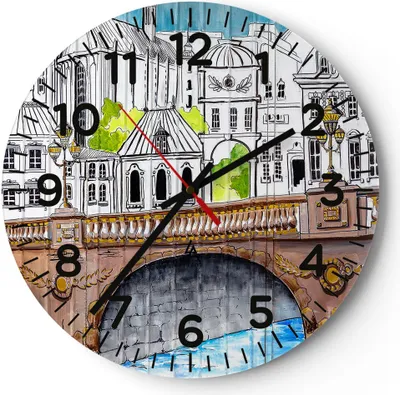 Produktbild von Wanduhr - Rund - Glasuhr - Frankreich brücke zeichnung - 30x30cm - Schleichendes Uhrwerk - Lautlos - zum Aufhängen bereit - Dekoration Modern - Wanddekoration aus Glas - C4AR30x30-2826