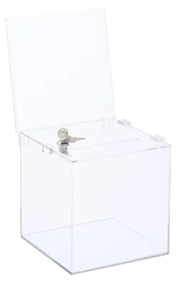 Immagine prodotto di Relaxdays Cassetta per lotterie, in acrilico, con serratura, scomparto per fogli, coperchio ribaltabile, L x P x A: 40,5 x 21 x 25 cm, cassetta per donazioni, trasparente, Immagine generata dall'IA