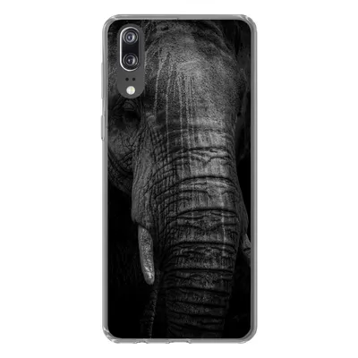 Produktbild von MuchoWow® Handyhülle Schutzhülle Hülle für Huawei P20 Elefant auf schwarzem Hintergrund in schwarz und weiß Silikon Softcase Handy Hülle - Hardcover