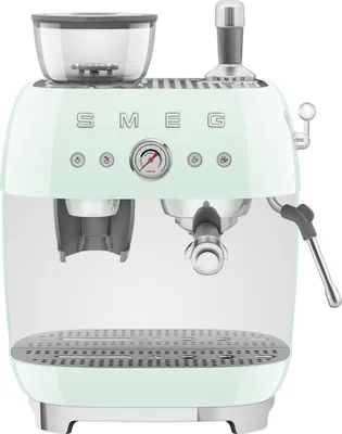 A pastel green SMEG espresso machine with a built-in grinder, shown from the front on a white background.