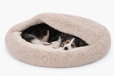 Produktbild von ODOL-PLUSZ Rundes Hundebett und Katzenbett 80cm, Grau, Shaggy Bouclé, Schlafsack-Design, Warmes Höhlenbett, Rutschfester Boden, Maschinenwaschbar