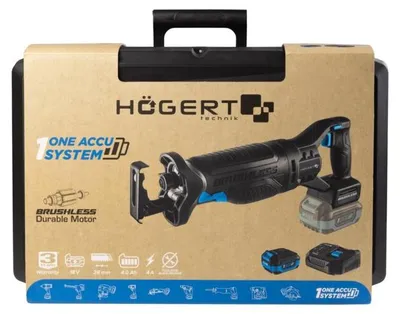 Produktbild von Säbelsäge Akku 18V bürstenlos Högert Technik, Hub 28 mm, mit 2 x 4,0 Ah Akku, Ladegerät und Koffer – Reciprosäge