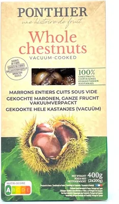 A product package for whole chestnuts, featuring an image of chestnuts in their spiky husk and a close-up of cooked chestnuts.